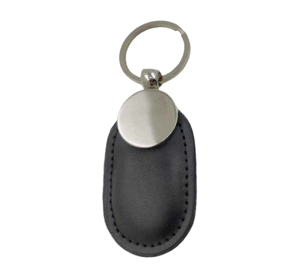 Black leather NFC keychain with a metal ring and silver plate for smart contact sharing and business networking.